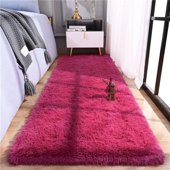Soft Shag Runner Rug for Bedroom, 2x6 Feet Fluffy Rugs with Non-Slip, Rose Red - Picture 2 of 6